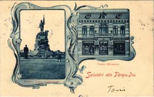 1900 Targu Jiu, Zsilvásárhely; Statua Tudor Vladimirescu, Casele Milosescu / statue, shop and house of Milosescu. Art Nouveau, floral (fl)