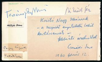 Aláírások papírlapon (írók, költők): Tersánszky Józsi Jenő, Mátyás Ferenc, Páskándi Géza, Papp Árpád...