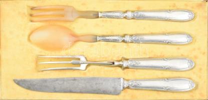 Ezüst (Ag) nyelű antik francia hús szervírozó és salátás készlet, jelzéssel, kissé sérült díszdobozb...