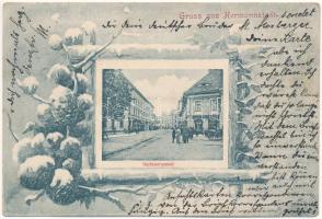 1903 Nagyszeben, Hermannstadt, Sibiu; Heltauergasse / Disznódi utca, Julius Wermescher üzlete, Transsylvania szálloda, szecessziós téli montázs. G. A. Seraphin, Jos. Drotleff / street, shop, hotel. Art Nouveau winter montage (EK)