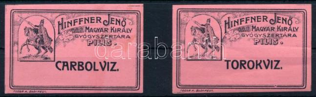 Hinffner Jenő Magyar Király Gyógyszertára Pilisen címke. Carbolvíz és Torokvíz. 6,4 x 4,2 cm