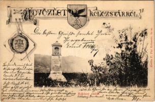 1904 Kolozsvár, Cluj; Rákóczy emlék. Üdvözlet címerrel. Kováts P. fiai kiadása / monument. Art Nouveau coat of arms (EK)