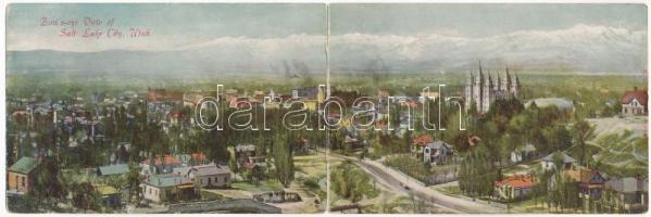 Salt Lake City (Utah); Bird's-eye view, general view, 2-tiled panorama card (bent til broken)