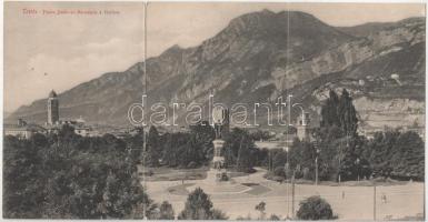 Trento, Trient (Südtirol); Piazza Dante con Monumento e Stazione / monument, railway station, mountains, 3-tiled panorama card. Stengel & Co. (bent til broken)