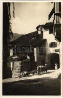 1929 Merano, Meran (Südtirol); Porta Passiria, Stummer Mechanische Strickerei. Fotografo e Editore Leo Baehrendt / street view, ox cart (glue marks)