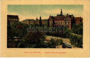 Brno, Brünn; Deutsches Haus und Lazanskyplatz / German house, tram, street view. Verlag Ascher & Redlich