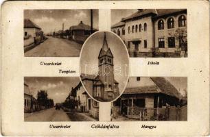 Csíkdánfalva, Danesti; utca, iskola, templom, Hangya üzlete / street, school, church, cooperative shop (kopott sarkak / worn corners)