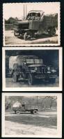 cca 1940 Magyar katonai csoportképek, katonák járművekkel (motorokkal, mozdonnyal, teherautókkal), 9 db fotó, 9x6 cm és 12x9 cm körül