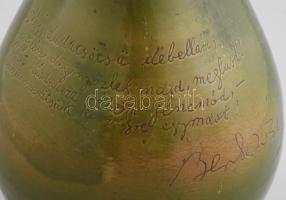 Antik zöld mázas kerámia boros kancsó, pajzán felirattal, kis kopással, m: 23 cm