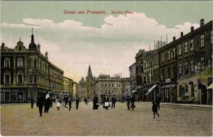 Prostejov, Prossnitz; Zerotin-Platz / street view, shops. Verlag J. Fuchs