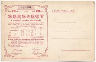 Csorna 1903. "A Csornai Járási Közkórház" sorsjegye 20f értékben, hátoldalán megcímzett levelezőlap, előlapon a hanysági Fövenyes-tó T:VF ly.