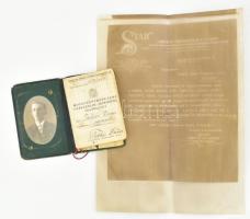 1937 Bp., Mozgófényképüzemi gépkezelői (működési) igazolvány, fényképes + "Star" Filmgyár és Filmkereskedelmi Rt. által kiállított meghatalmazás/megbízólevél korabeli másolata