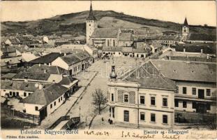 1905 Nagyenyed, Aiud; Piac tér, Őrhegy, Gazdasági Bank, üzletek. Földes Ede kiadása / market square, shops, bank (EK)