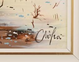 Csóka Lajos (?-): Téli éjszaka. Olaj, farost, jelzett, dekoratív fakeretben, 40x80 cm