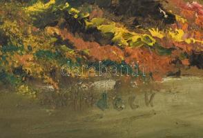 Alfredeck? jelzéssel: Alpesi táj. Olaj, farost, jelzett, kissé sérült fa keretben 60x80 cm