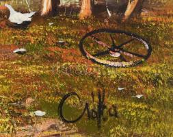 Csóka Lajos (?-): Liba legeltetés. Olaj, farost, jelzett, dekoratív fakeretben,60x80 cm