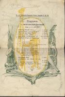 1907 Katonai zenekar programlapja kézzel rajzolt grafikával és rengeteg aláírással