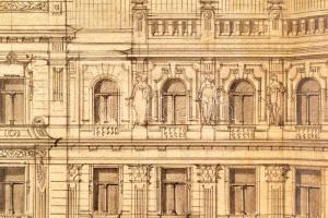 Jelzés nélkül cca 1890: Bérpalota látványterve. Ceruza, papír. 32x37 cm Hajtva