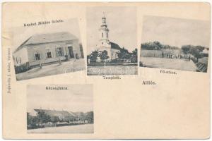 1909 Temesillésd, Alliós, Alios; templom, Fő utca, községháza, Knebel Miklós üzlete. Dajkovits J. utóda kiadása / church, main street, town hall, shop (r)