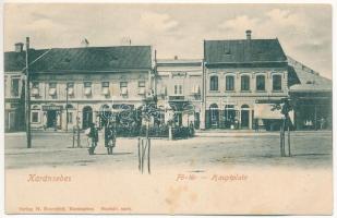 1911 Karánsebes, Caransebes; Fő tér, gyógyszertár, Franz Strauss üzlete. H. Rosenfeld kiadása / Hauptplatz, Apotheke / main square, pharmacy, shops (EB)