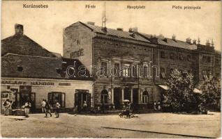 Karánsebes, Caransebes; Fő tér, gyógyszertár, Pataky Árpád üzlete, Halász Nándor üzlete és saját kiadása / Hauptplatz, Apotheke / Piatia principala / main square, pharmacy, shops