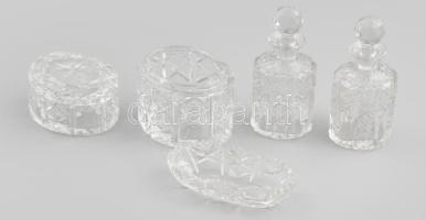 5 darabos csiszolt ólomkristály pipere készlet, púderes, parfümös üvegek, egyik teteje hiányzik, jelzés nélkül, szép állapotban, 12 cm alatt