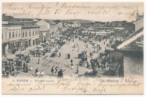 1905 Szászrégen, Reghin; Heti vásár, piac, K. & A. Wischinger és Eduard Rosler üzlete. Gustav Rösler kiadása / Wochenmarkt / weekly market, shops (EK)