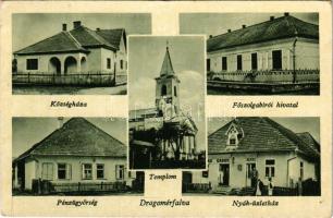 Dragomérfalva, Dragomir, Dragomiresti; Pénzügyőrség, utcarészlet, templom, Leventeotthon, Nyák üzletház és saját kiadása / finance guard, street view, church, barracks, shop