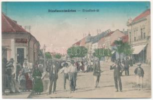 Dicsőszentmárton, Tarnaveni, Diciosanmartin; Erzsébet út, piac, Fülöp Jenő üzlete. Dosztál Erzsébet könyvnyomda kiadása / street, shop, market