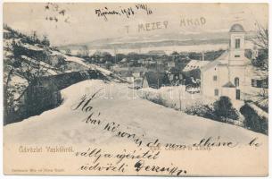 1906 Vaskoh, Vaskóh, Coh, Vascau (Bihar); látkép katolikus templommal télen. Guttmann Mór és társa kiadása / church in winter (Rb)