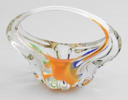 Cseh multicolor színezésű üveg kínáló, jelzés nélkül, minimális kopottsággal, h: 23 cm, m: 17 cm