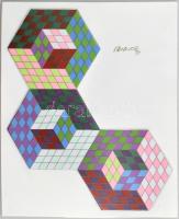 Zsolnay - Victor Vasarely: Hexa 3. A Magyar államvasutak részére készített limitált, számozott, porcelánkép 1986. Kézzel festett, jelzett, aláírt, / Victor Vasarely - Zsolnay porcelain composition Hexa-3, Hommage of the Hungarian Railways, 1986. signed, hand painted 33x27 cm