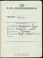 1939 Bp., M. Kir. Postatakarékpénztár betétkönyv, középen törésnyommal
