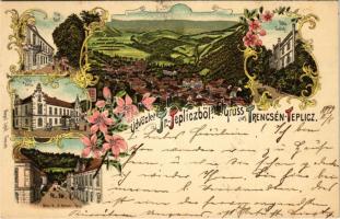 1898 (Vorläufer) Trencsénteplic, Trencianske Teplice; Sina és Háromszív ház, Villa Attila, Bartl és Turóczy. Gangel Lipót / Sina & 3 Herzen haus, villa / street view, villas. Art Nouveau, floral, litho