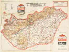 1933 A Királyi Magyar Automobil Club utjelentése (Magyarország autótérképe). Bp., Litogr. Gottlieb. Mobiloil Sphinx - Vacuum Oil Company Rt. reklámmal, hátoldalán különféle hirdetésekkel. Kisebb lapszéli sérülésekkel, 69x49 cm