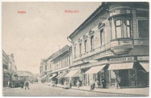 1910 Lugos, Lugoj; Király utca, Grünberger Ede és Schönborn Felix üzlete. Sziklai Lajos kiadása / street, shops