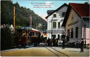 Trencsénteplic-fürdő, Kúpele Trencianske Teplice; villamos vasút fő állomása, villamos, Wertheim Zsigmond kiadása / Haupstation der elektrische Bahn / tramways, tram main station