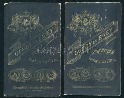 cca 1880 Festményekről készített heliogravűrök, 2 db vizitkártya Gondy és Egey debreceni műterméből,...