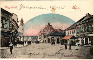 1905 Nagyvárad, Oradea; Bémer tér, The Gresham életbiztosító társaság vezérügynöksége, zálogkölcsön intézet, fényképészet, Magyar Király kávéház, Lebovits és Weisz és Lőrincz Mór üzlete / square, shops, cafe, insurance company (fl)