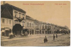 1907 Kézdivásárhely, Targu Secuiesc; Fő tér keleti oldala, Millenium szálló, Szőcs János, Dávid Antal és Jancsó Gyula üzlete / main square, shops, hotel (EK)