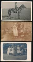 cca 1915-1945 Lovas katona, esküvői hintó, csoportképek (színjátszócsoport); 4 db vegyes fotó/fotólap, 14x9 cm és 16,5x11 cm