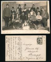 cca 1915-1945 Lovas katona, esküvői hintó, csoportképek (színjátszócsoport); 4 db vegyes fotó/fotóla...