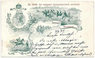 1898 (Vorläufer) Buziás, Az 1898-as Császári hadgyakorlatok emlékéül. Ferenc József. Freistadt Mór kiadása / Erinnerung an die Kaisermanöver 1898. / In memory of the royal maneuvers and the presence of his Majesty the Emperor Franz Joseph I of Austria. Art Nouveau, floral (EB)