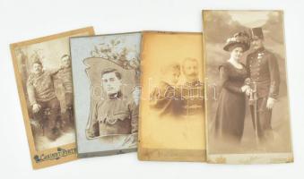Régi katonaportrék, 4 db keményhátú kabinetfotó, vegyes állapotban, 16,5x11 cm és 20x11 cm között