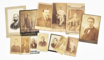 Vegyes régi férfiportré tétel (kabinetfotók, vizitkártyák), 13 db, vegyes állapotban, 18,5x13 cm és 10x6 cm között