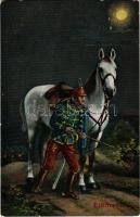 1917 Előőrsön / WWI Austro-Hungarian K.u.K. military art postcard, hussar with horse at night. L&...