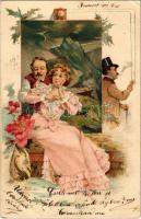 1901 Lady art postcard, flirting. Art Nouveau, litho s: R. Kratki (EK)