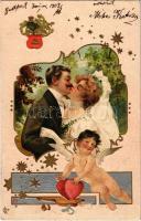 1901 Lady art postcard, wedding, kissing couple. Art Nouveau, Emb. litho s: R. Kratki (EK)