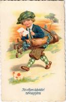 1930 Szívélyes üdvözlet névnapjára / Name Day greeting card, boy with golf clubs (EK)