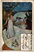 1903 Christmas greeting art postcard with angels and Saint Nicholas (EM)